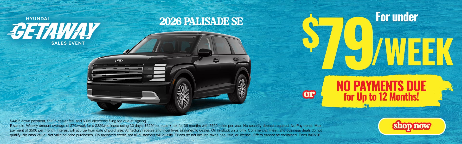 2026 Palisade SE $79 a week OR No payment for up to 12 month
