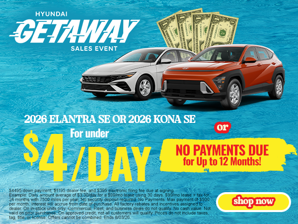 Elantra OR Kona Starting at Just $4 a day